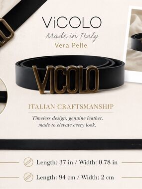 Vicolo Made in Italy Black Leather Belt with Brass Logo Buckle